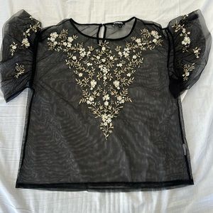 Floral Embroidered Black Mesh Top